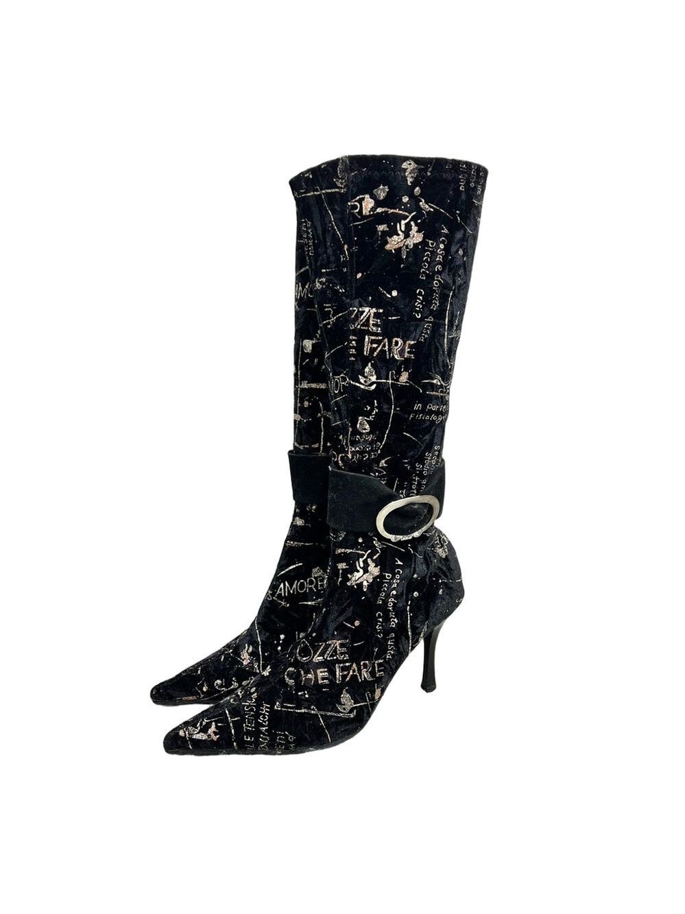 Henry Ferrara stretch velour black glitter rose gold high heel tall boots 7.5